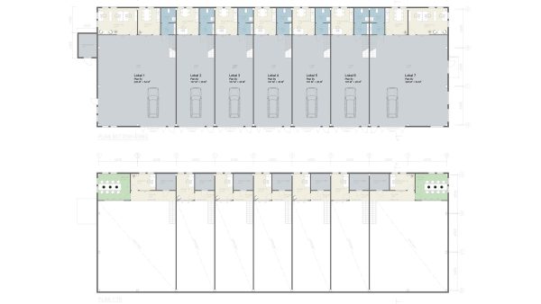 Planritning lokaler med entre, parkering, kök, toalett och entresolplan för kontor.