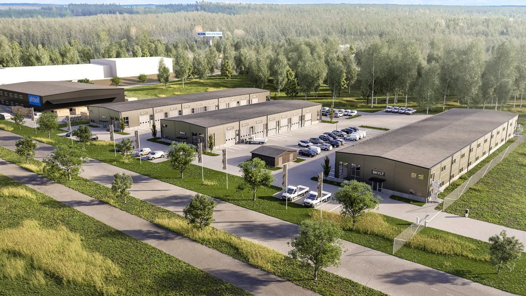 Visualisering av KIAB:s planerade nybyggnation av kontors- och lagerlokaler på Lövåsen.